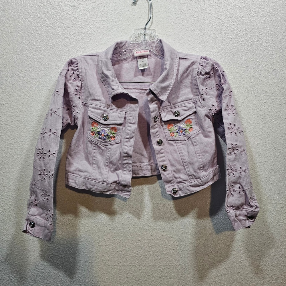 Little Lass Girls Purple Eyelet Sleeve Embroidered Cropped Denim Jacket Size 12